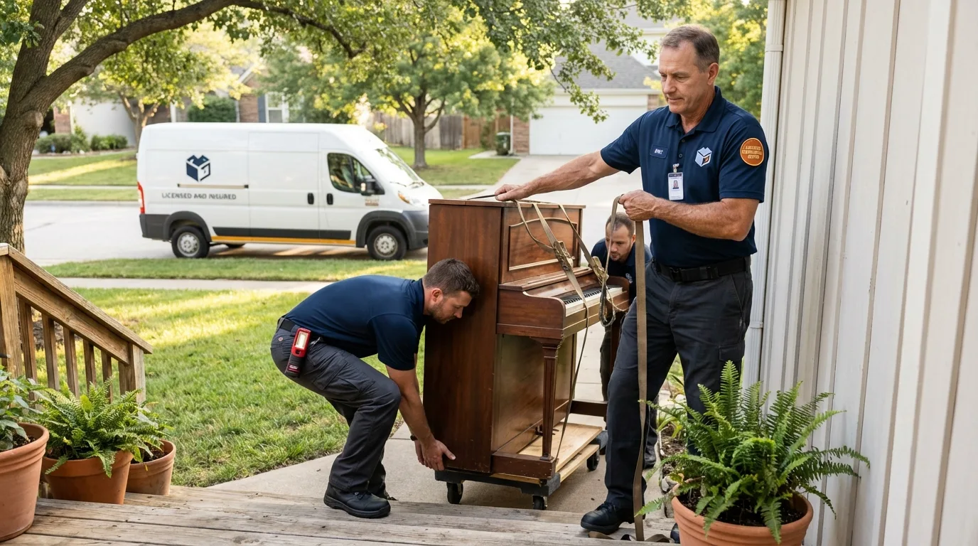 Licensed piano movers securing grand piano in Manhattan, MT