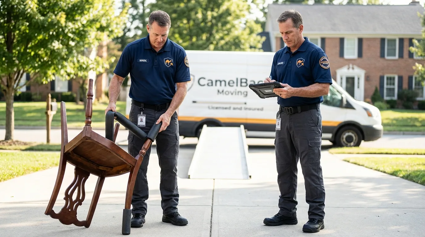 Movers inspecting furniture for damage prevention before loading in Manhattan, MT