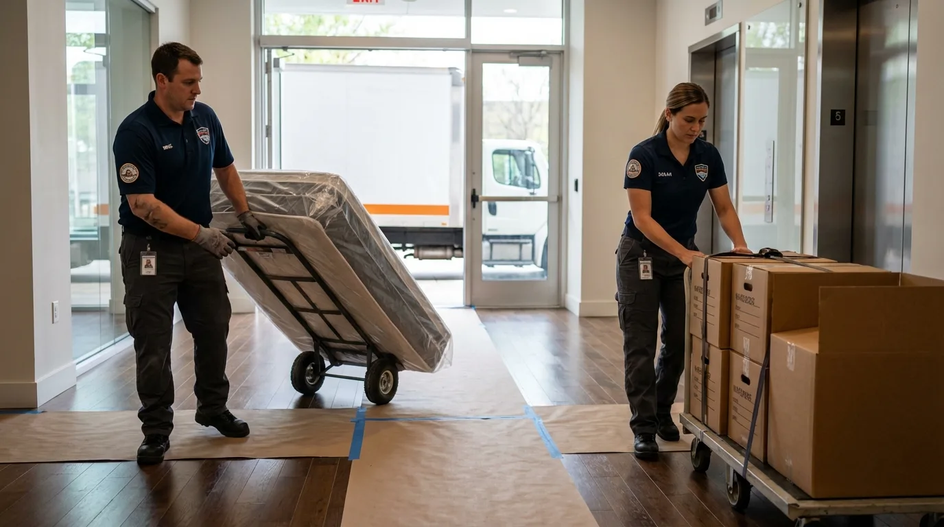 Professional apartment movers loading elevator in Manhattan, MT